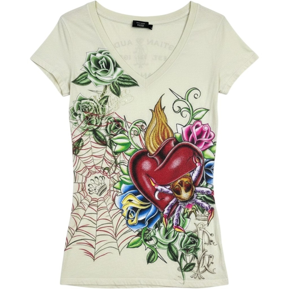 Christian Audigier Women Tattoo Graphic V-Neck Dress Sacred Heart Roses Yellow L